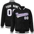 Personalized Black & White & Purple Striped Trim Satin Full-Snap Varsity Jacket - front view