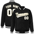 Custom Black & White & Khaki Striped Trim Satin Full-Snap Varsity Jacket - front view