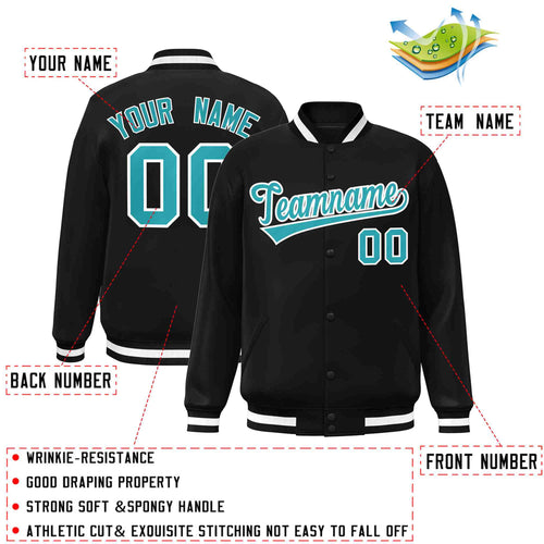 Custom Black & Aqua & White Striped Trim Satin Full-Snap Varsity Jacket - custom view