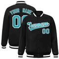 Custom Black & Aqua & White Striped Trim Satin Full-Snap Varsity Jacket - front view