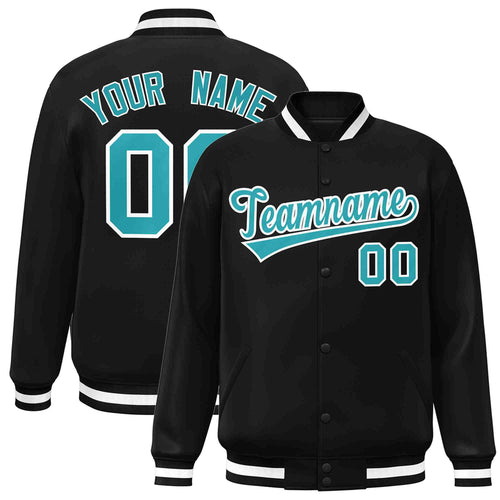Custom Black & Aqua & White Striped Trim Satin Full-Snap Varsity Jacket - front view