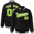Custom Black & Neon Green & White Striped Trim Satin Full-Snap Varsity Jacket - front view