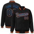 Personalized Black & Orange & Powder Blue Striped Trim Satin Full-Snap Varsity Jacket - front view