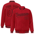 Custom Red & Black Striped Trim Satin Full-Snap Varsity Jacket - front view