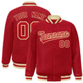 Personalized Red & Khaki Striped Trim Satin Full-Snap Varsity Jacket - front view