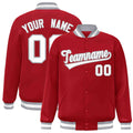 Custom Red & White & Gray Striped Trim Satin Full-Snap Varsity Jacket - front view