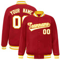Custom Red & White & Gold Striped Trim Satin Full-Snap Varsity Jacket - front view