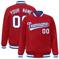 Personalized Red & White & Royal Blue Striped Trim Satin Full-Snap Varsity Jacket - front view