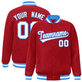 Custom Red & White & Powder Blue Striped Trim Satin Full-Snap Varsity Jacket - front view