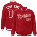 Personalized Red & White Striped Trim Satin Full-Snap Varsity Jacket - front view