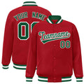 Custom Red & Green & White Striped Trim Satin Full-Snap Varsity Jacket - front view