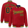 Personalized Red & Navy & Gold Striped Trim Satin Full-Snap Varsity Jacket - front view