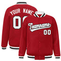 Custom Red & White & Gray Striped Trim Satin Full-Snap Varsity Jacket - front view