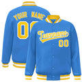 Custom Powder Blue & Gold & White Striped Trim Satin Full-Snap Varsity Jacket - front view