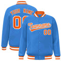Personalized Powder Blue & Orange & White Striped Trim Satin Full-Snap Varsity Jacket - front view