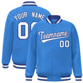 Custom Powder Blue & White & Royal Blue Striped Trim Satin Full-Snap Varsity Jacket - front view