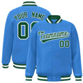 Custom Powder Blue & Green & White Striped Trim Satin Full-Snap Varsity Jacket - front view