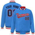 Personalized Powder Blue & Red & White Striped Trim Satin Full-Snap Varsity Jacket - front view