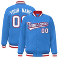 Custom Powder Blue & White & Royal Blue Striped Trim Satin Full-Snap Varsity Jacket - front view