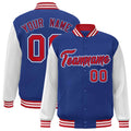 Personalized Royal Blue & White & Red Color Block Satin Full-Snap Varsity Jacket - front view