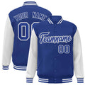 Custom Royal Blue & White Color Block Satin Full-Snap Varsity Jacket - front view