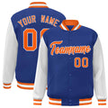 Custom Royal Blue & Orange & White Color Block Satin Full-Snap Varsity Jacket - front view