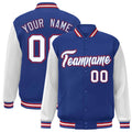 Personalized Royal Blue & White & Red Color Block Satin Full-Snap Varsity Jacket - front view