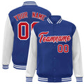 Custom Royal Blue & Red & White Color Block Satin Full-Snap Varsity Jacket - front view