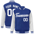 Custom Royal Blue & White Color Block Satin Full-Snap Varsity Jacket - front view