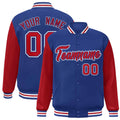 Personalized Royal Blue & Red & White Color Block Satin Full-Snap Varsity Jacket - front view