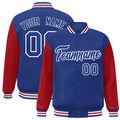 Custom Royal Blue & Red & White Color Block Satin Full-Snap Varsity Jacket - front view