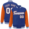 Custom Royal Blue & Orange & White Color Block Satin Full-Snap Varsity Jacket - front view