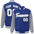 Personalized Royal Blue & White & Gray Color Block Satin Full-Snap Varsity Jacket - front view