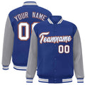 Custom Royal Blue & Gray & White Color Block Satin Full-Snap Varsity Jacket - front view