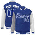 Custom Royal Blue & Gray & White Color Block Satin Full-Snap Varsity Jacket - front view