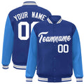 Personalized Royal Blue & Powder Blue & White Color Block Satin Full-Snap Varsity Jacket - front view