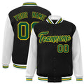 Custom Black & White & Gold Color Block Satin Full-Snap Varsity Jacket - front view