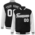 Custom Black & White Color Block Satin Full-Snap Varsity Jacket - front view