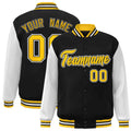 Personalized Black & White & Gold Color Block Satin Full-Snap Varsity Jacket - front view