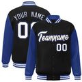 Custom Black & Royal Blue & White Color Block Satin Full-Snap Varsity Jacket - front view