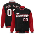 Custom Black & Red & White Color Block Satin Full-Snap Varsity Jacket - front view
