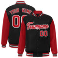 Personalized Black & Red & White Color Block Satin Full-Snap Varsity Jacket - front view
