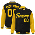 Custom Black & Gold & White Color Block Satin Full-Snap Varsity Jacket - front view