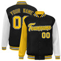 Personalized Black & White & Gold Color Block Satin Full-Snap Varsity Jacket - front view