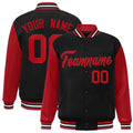 Custom Black & Red & White Color Block Satin Full-Snap Varsity Jacket - front view