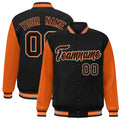 Custom Black & Orange Color Block Satin Full-Snap Varsity Jacket - front view