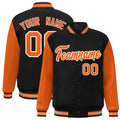 Personalized Black & Orange & White Color Block Satin Full-Snap Varsity Jacket - front view