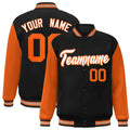 Custom Black & Orange & White Color Block Satin Full-Snap Varsity Jacket - front view