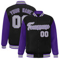 Custom Black & Purple & Gray Color Block Satin Full-Snap Varsity Jacket - front view