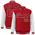 Custom Red & White & Black Color Block Satin Full-Snap Varsity Jacket - front view